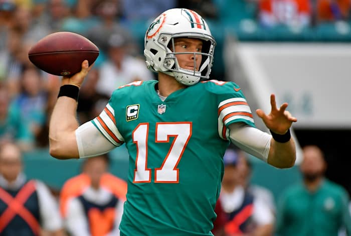 Dolphins quarterback Ryan Tannehill attempts a pass in a 2018 game against the Jaguars.